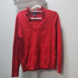 Chaps Red V-Neck Sweater with Ruffle Trim